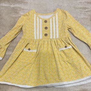 Serendipity: Yellow Floral Kids Dress with Lace Trim
